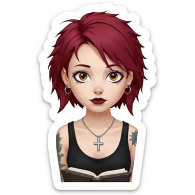 generate an ios genmoji of a girl with dark red messy hair with eyeliner on her eyes.  septum piercing, wearing a cami black top, has tattoos, on shoulders. ear piercings. wearing a cross silver necklace. Holding an overfilled sketchbook sticker