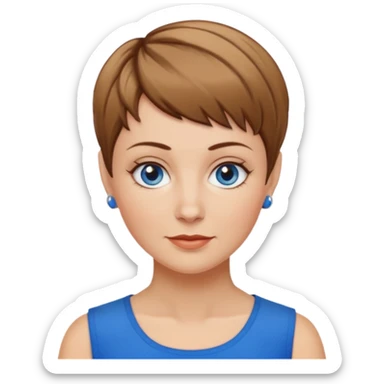 Frau, helle Haut, brauner Pixie schnitt mit dunkelblonden Spitzen, blaue Augen, mittleres alter sticker