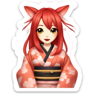 hime gyaru girl, kimono, red hair, kitsune mask sticker