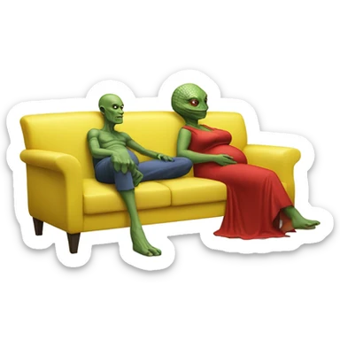 reptilian alien woman in red dress,pregnant, sitting on a jellow couch, and human man white skin sticker