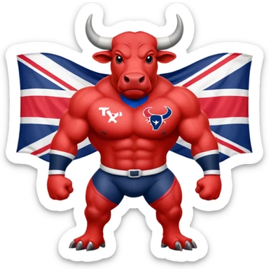 Houston texans bull, wearing a texans jersey, with a union jack flag behing sticker