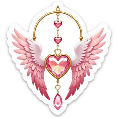 Reddish-pinkish and golden warm-colored romantic lush beautiful pretty hanging crystal-catcher aesthetic with hearts and sparkles and and white angel wings sticker