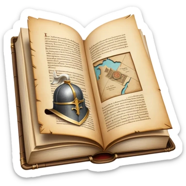 Icon for Historical Fiction Reading: an open book with pages showing ancient scrolls, a quill, a knight's helmet, and a parchment map. The icon should evoke the adventure and grandeur of historical settings and storytelling. Transparent background. sticker