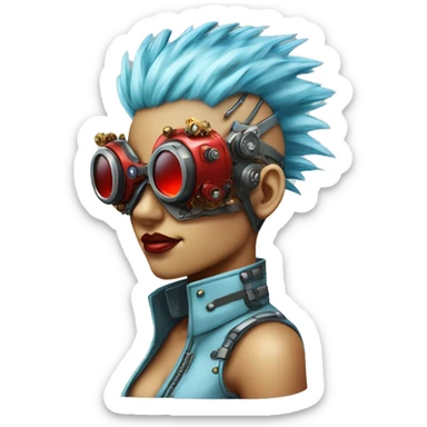 Light blue Mohawk hair female cyborg head with red steampunk goggles and circuits sticker