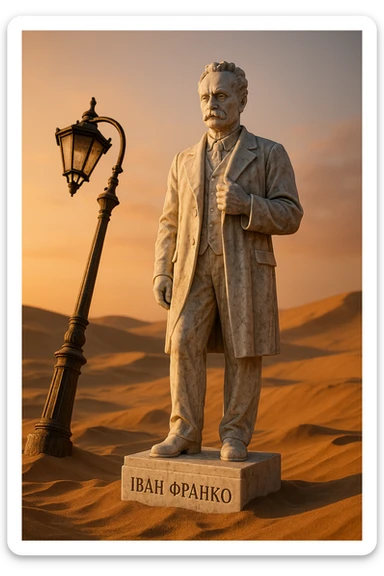 Ultra-realistic marble statue of a person from a reference image, standing in desert sand next to a broken lamppost. Pedestal inscription: 'Іван Франко'. Sunset lighting, view from below. sticker