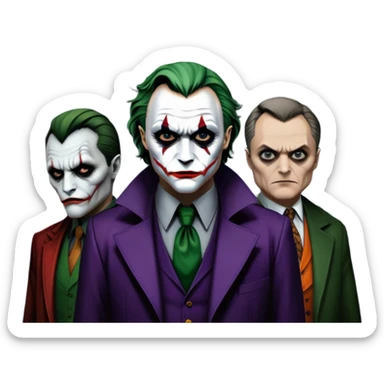Thriller movie icon: A close-up collage with eerie, dramatic elements. Include the Joker, Hannibal Lecter, and a dark, moody Gotham City skyline in the background. The characters should look intense and shadowed, creating a tense atmosphere. Transparent background. sticker