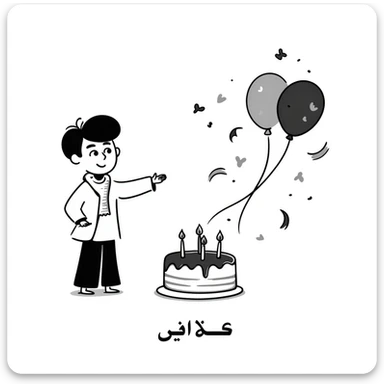 A happy little boy celebrating with a birthday cake with lit candles, balloons and streamers in the background. Include the Persian text at the bottom saying: "امیدرضاجان تولدت مبارک" sticker