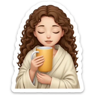 slender girl with fair skin with long curly brown hair wrapped in a cream blanket in her hands a white mug eyes closed sticker
