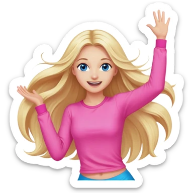Pretty Blonde with long hair model, blue eyes In pink clothes super excited and happy dance sticker