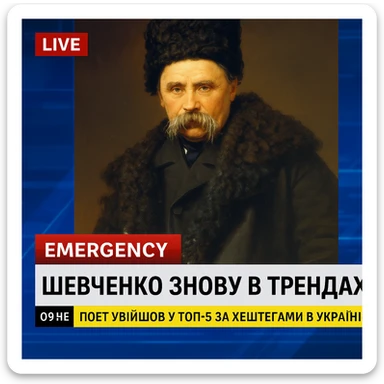A realistic screenshot of a television news broadcast with an emergency report about Ukrainian poet Taras Shevchenko.
A downloaded image was used in the composition.
In the lower third of the screen, the headline "Шевченко знову в трендах" is displayed in large bold font,
and below it is a concise news ticker with the text "Поет увійшов у ТОП-5 за хештегами в Україні",
which provides brief updates.
The colour palette is clear and professional, with contrasting tones
characteristic of authoritative news channels.
The entire scene conveys the urgency and drama inherent in live news broadcasts. sticker