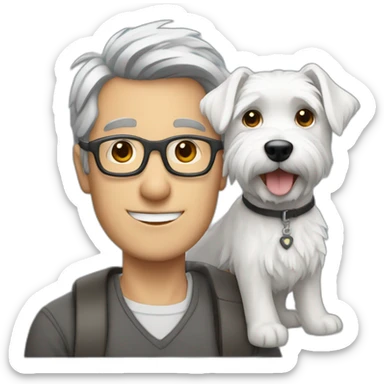 Gray hair man with glasses anda with westie dog girl sticker