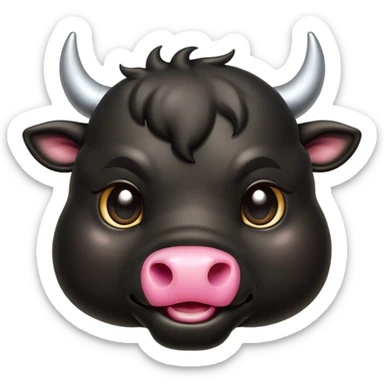 Cinematic Cute Black Bull Portrait Emoji, Head tilted playfully and inquisitively, featuring a glossy, robust black hide with a striking sheen, round, sparkling dark eyes filled with gentle curiosity, Simplified yet irresistibly adorable features, highly detailed, glowing with a warm, friendly glow, high shine, affectionate and imposing, stylized with a touch of rugged charm, bright and endearing, soft glowing outline, capturing the essence of a mischievous yet loving bull, so playful it feels like it could stomp out of the screen and into your arms! sticker