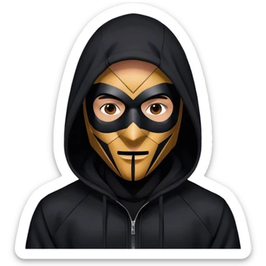 man with black hooded jacket and a only-black full-face geometric mask sticker