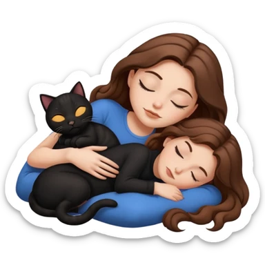 white girl with brown hair napping two black cats curled up beside her emoji style sticker