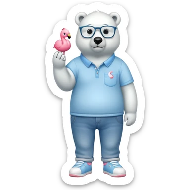 friendly anthropomorphised polar bear standing upright, chilled and unbothered, wearing a shirt, jeans, trainers, glasses decorated with small flamingo figures sticker