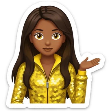 Sasha from Bratz with medium dark skin, long dark brown hair and yellow sequin outfit sticker