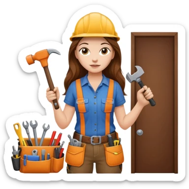 beautiful girl with long brown hair constructing new lounge room area sticker