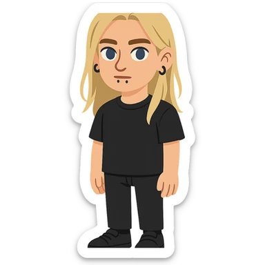 flat toon style boy with long light blonde hair, dark blue eyes, facial piercings, all black outfit sticker