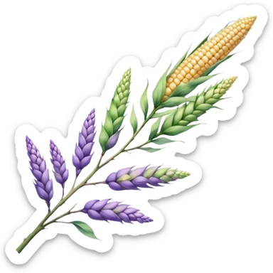 The art style is clean line art with delicate watercolor textures, pastel colors, and a dominant palette of lavender, soft lilac, and muted purple. Let the branch be more elongated and have short branches on it like ears of corn. sticker