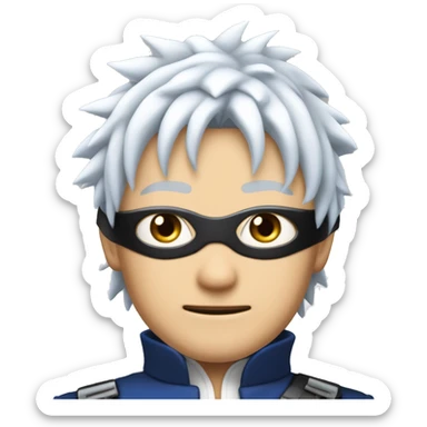 Satoru Gojo has spiky white hair with a slight blue tint and wears a black blindfold over his vivid blue eyes. He has a tall, lean build and typically wears a high-collared dark outfit, giving him a sharp and cool appearance. sticker