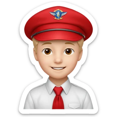 A Soviet pioneer emoji — smiling young boy wearing a white shirt with a bright red pioneer necktie and a classic red pilotka cap. The pilotka cap should fit closely to the head, without brims or side flaps, slightly folded at the top. not a cowboy hat. Flat, smooth 3D shading sticker