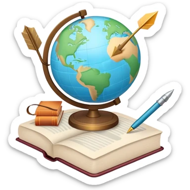 Create an emoji representing language translation. The design should feature a globe in the background, symbolizing international communication. In front of the globe, place two books or sheets of paper with texs on them and a pen nearby to indicate the act of writing. Add two arrows pointing in opposite directions between the sheets to represent the translation process. Use a clean and professional color palette with blues, greens, and neutral tones. Make the background transparent. sticker