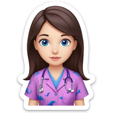 pretty brunette nurse with long hair and blue eyes in pink and purple dinosaur pattern scrubs sticker