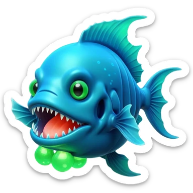 3D render of Anglerfish, bioluminescent deep sea style, glowing neon blue and green lights, dark background to contrast the glow, translucent organic textures, Apple emoji style. sticker