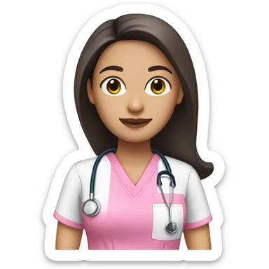Light skinned Mexican female nurse with long dark brown hair and pink scrub top  sticker