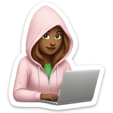 a girl with brown long hair, fair skin, green eyes, works relaxed and smiling at a modern laptop in a monochrome pale pink zip hoodie with a hood that is slightly pulled over her head sticker