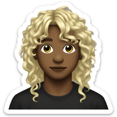 a boy with long curly blond hair with bangs,a bridge piercing and a side labret piercing. he’s wearing a black shirt with a frog sticker