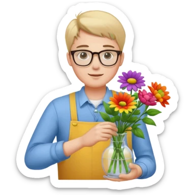 Young male florist – wearing glasses, arranging flowers in a vase. sticker