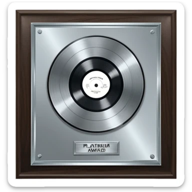 A platinum music award plaque: a square, polished platinum plate with a subtly textured, mirror-like finish, mounted on a simple dark wood base. The center features a relief of a or stylized vinyl record in a slightly darker metallic tone.  sticker