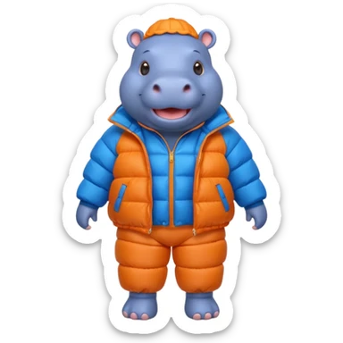 a full body of cute hippo with puffer clothes sticker