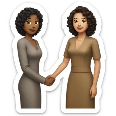 tan mid-sized woman with black curly hair shakes hands with a mid-sized pale woman with straight brown hair sticker
