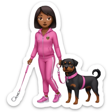 Rottweiler on leash by African American woman in all pink track suit sticker