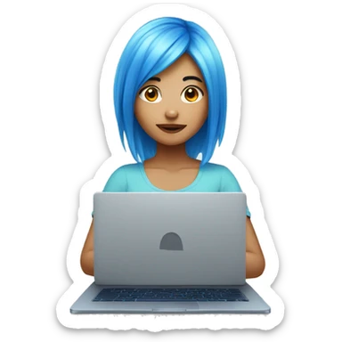 asian girl with blue dye hair coding on laptop sticker
