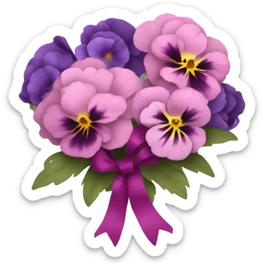 Bouquet composed of pink pansies, violet peonies tied with a dark pink ribbon and in the background purple butterflies  sticker