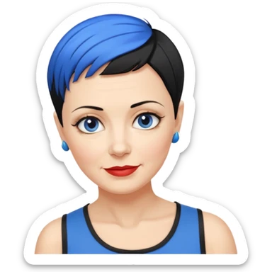 reife frau, vierzig Jahre alt kein kind! freche extreme schwarze Kurzhaarfrisur eine Seite wirklich fast keine Haare andere Seite mit blauer Strähne kurze Seite noch viel kürzer sticker