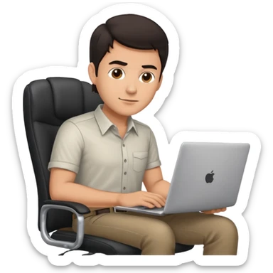 Rich man sitting on a office chair, working at desk, looking to laptop in shirt, dark hair, he is german very beautiful looks like, full body view sticker