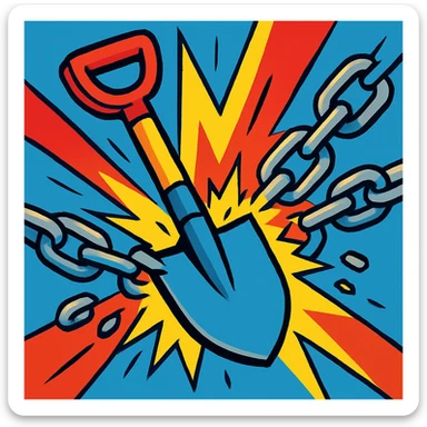 a shovel breaking a chain, vibrant and dynamic style sticker