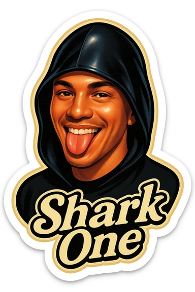 Make him Smiling with tongue sticking out
Add the words Shark One sticker
