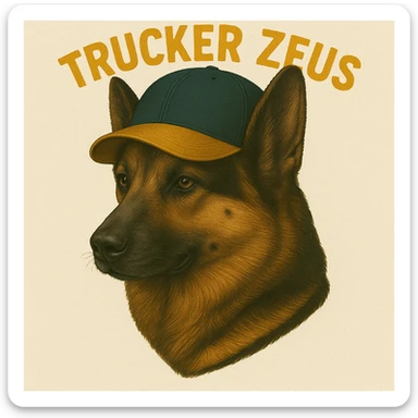 Apply maximum compression to reduce file size as much as possible while keeping transparency, realistic German Shepherd, and yellow 'Trucker Zeus' text. sticker