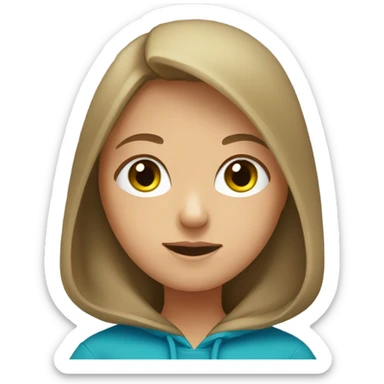 A girl with brown hair and blonde highlights with a blue hoodie and a cute nose with green eyes sticker