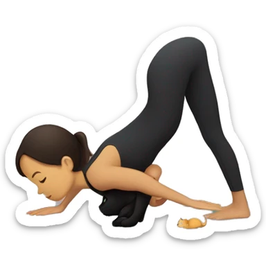 Girl doing her yoga pose - downward dog, with black cat laying next to her, girl wears dark brown sport suit sticker