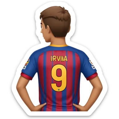 buat costum seperti diatas buat mirip hanya pakaian saja dan dari belakang barcelona nama punggung irvina dan nomor punggung 9 sticker