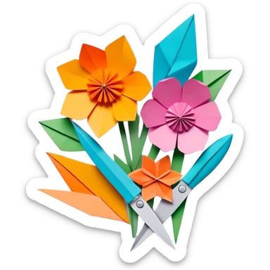 Paper crafting icon, colorful paper sheets, origami figures, 3D paper flowers, visible scissors and craft knife, minimalistic style, clean lines, transparent background. sticker