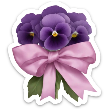 A bundle of pastel pansies and dark violet peonies wrapped in translucent deep pink fabric with a delicate bow. sticker