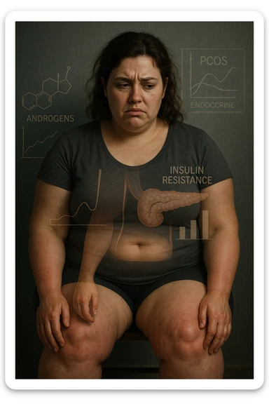 cinematic realistic in italiano Woman with PCOS struggling with hormonal chaos, transparent overlay showing elevated androgens and insulin resistance affecting her body, lipedema causing disproportionate fat accumulation in legs and arms despite normal torso, expression of frustration with unexplained weight gain, medical charts showing complex endocrine dysfunction, painful swollen limbs contrasting with metabolic confusion scrivi in italiano sticker
