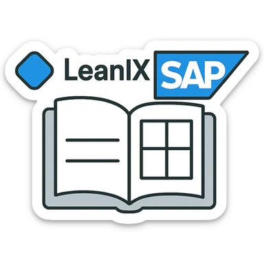 minimal icon combining LeanIX and SAP logos with a catalog element like an open book or grid, unified in a clean, simple tech style, using blue, white, and gray colors, modern outline style sticker